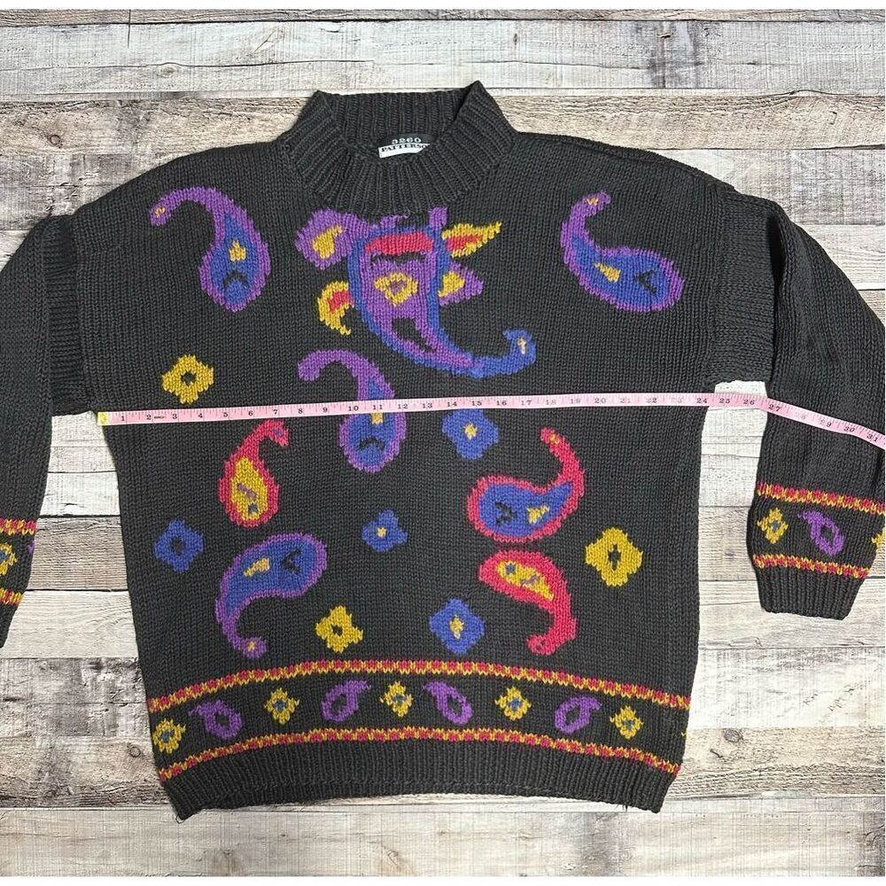 Vintage Funky Boho Paisley Print Chunky Knit Mock Neck Grandma Sweater | Medium - Picture 3 of 6